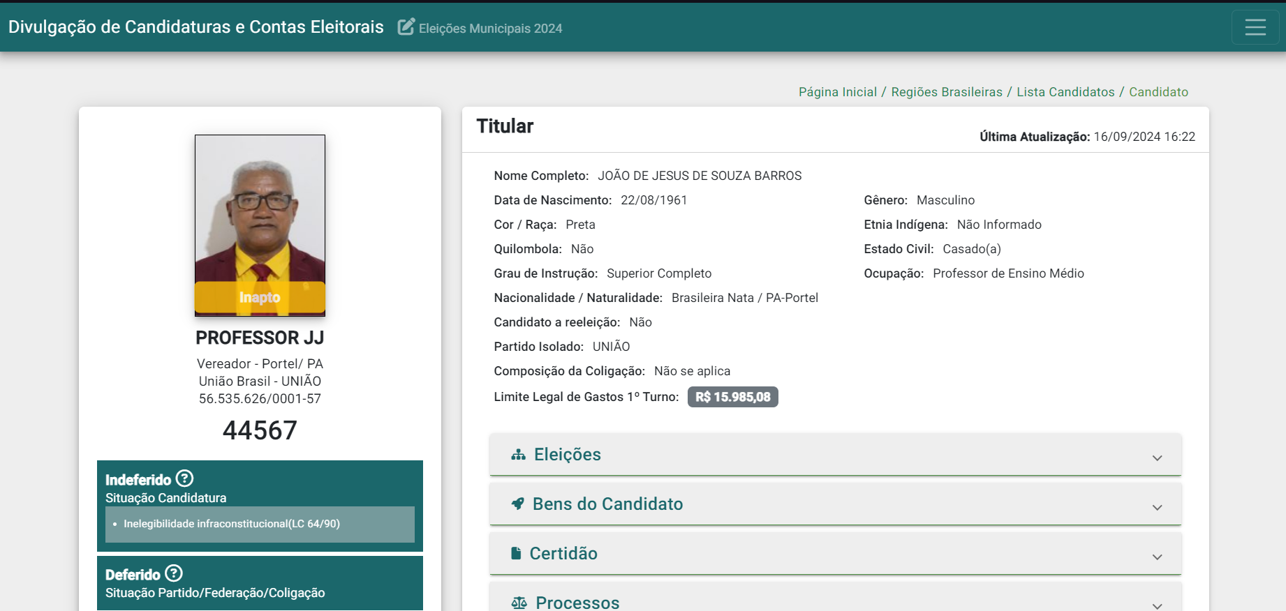 Juiz Eleitoral cassa candidatura de João de Jesus com base na Lei da Ficha Limpa